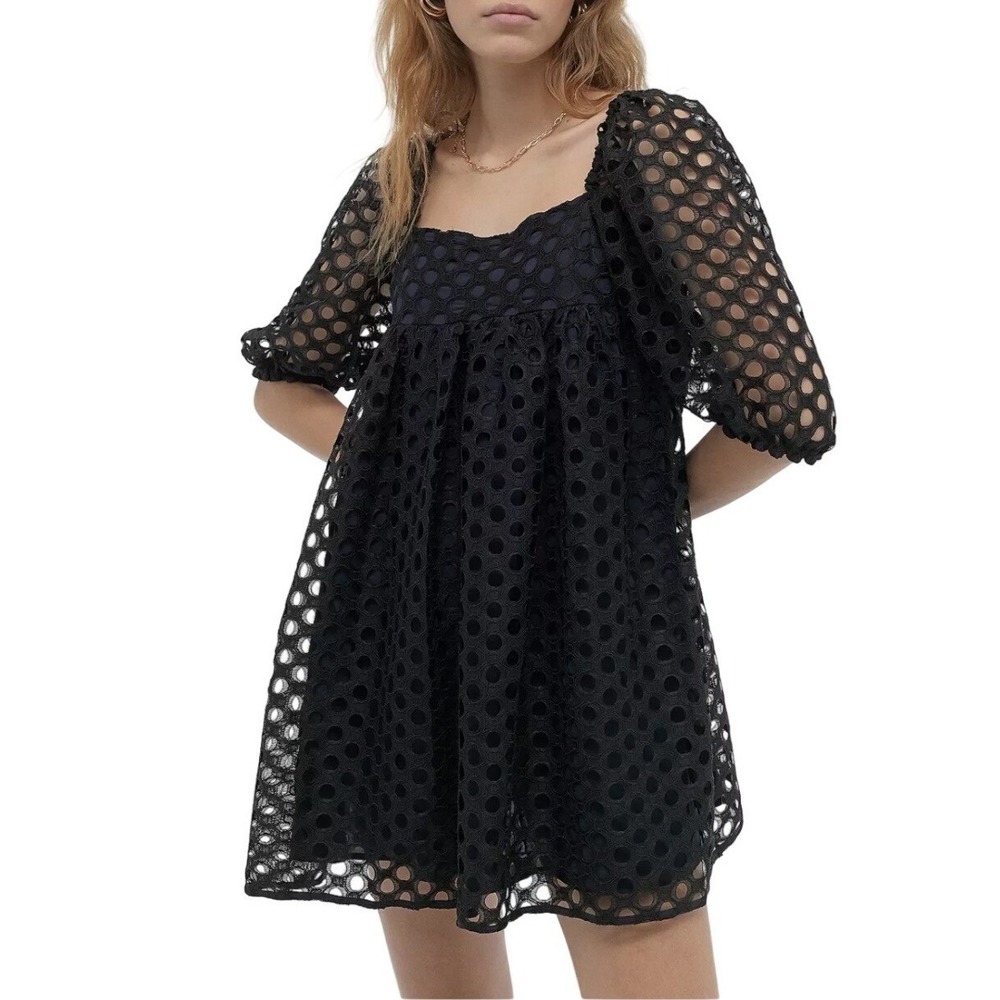 Kimchi Blue Eyelet Lace Babydoll Mini Dress Womens XS Square Neck Puff Sleeve